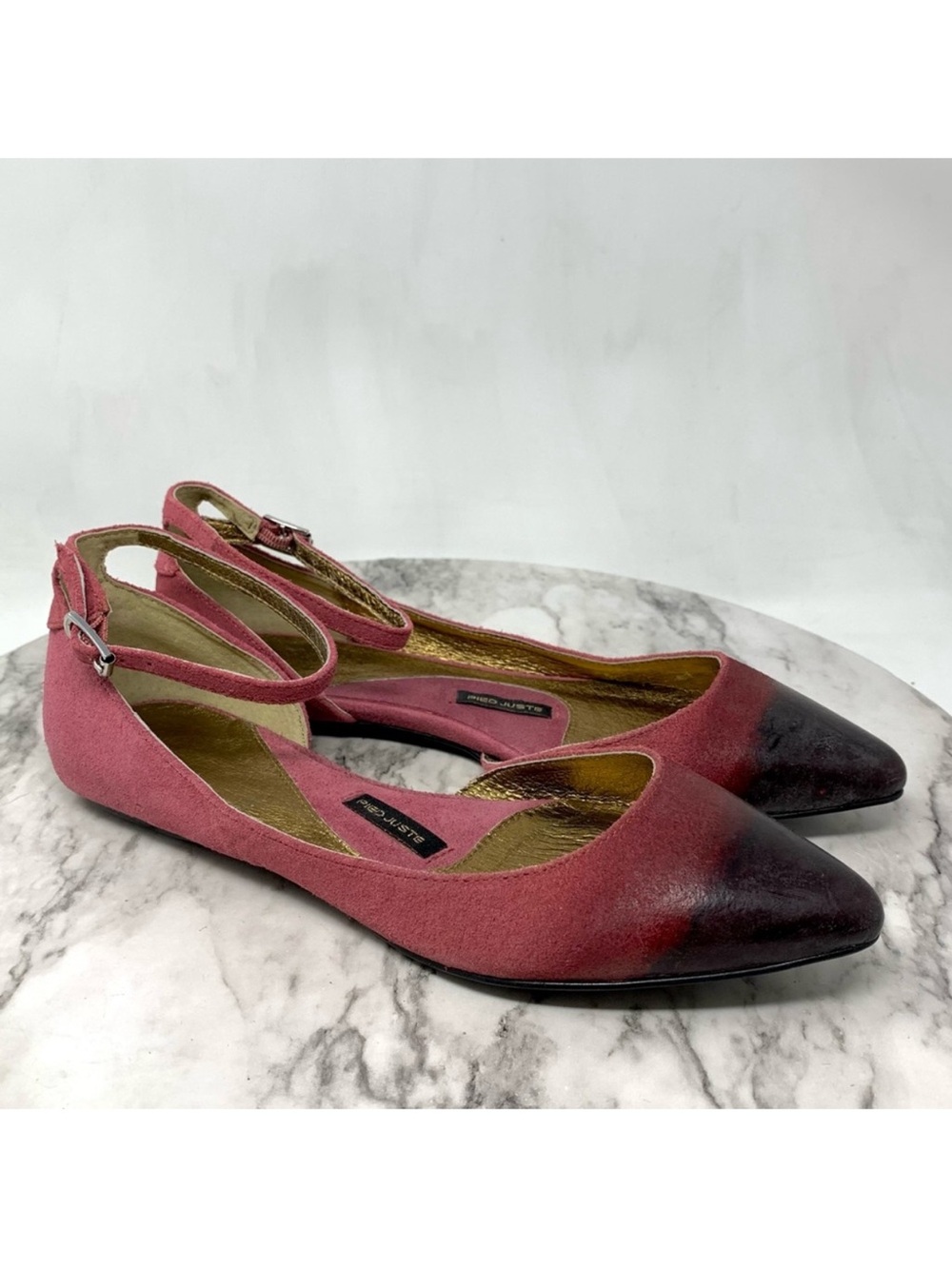 Anthropologie Pied Juste Garnet Flats Glossed D'Orsay Ankle Strap Skimmers 36